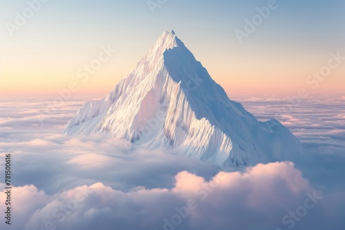 The top of the snow-white mountain, above the clouds, dawn