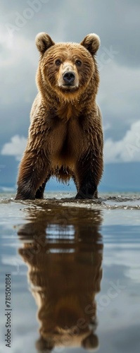 a Brown Bear from a unique low angle perspective Highlight the sheer power and beauty of the bear in its natural habitat photo