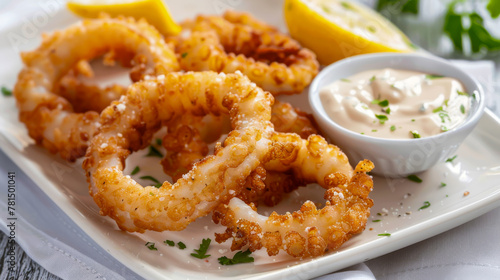 Crispy Calamari Rings with Lemon and Sauce on Plate photo