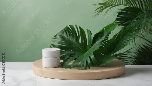 A Cosmetics product advertising stone podium stand with tropical leaves in the background. Empty natural stone pedestal platform to display beauty product  Mockup  organic