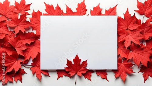 Red maple leaves and white paper on a plain background, A vibrant autumn scene with contrasting colors, frame, space for text, copy space