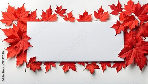 Bright red maple leaves scattered around a blank paper, creating a beautiful autumn-themed background, frame, space for text, copy space photo