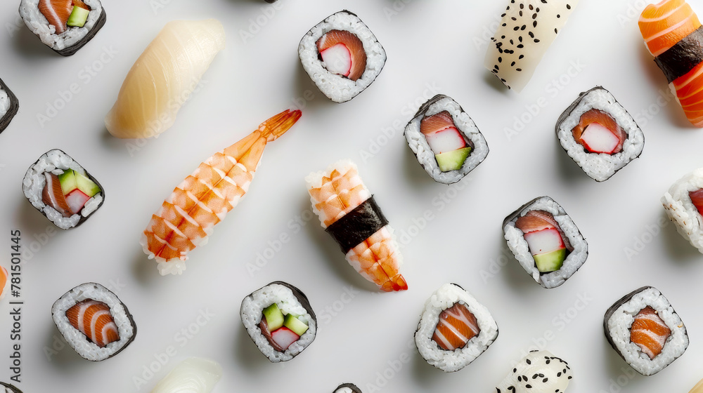 Assorted Sushi Platter Displayed on White Background