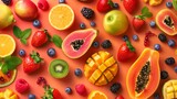 summer fruits collection top view, summer background, photo realistic, International Fruit Day