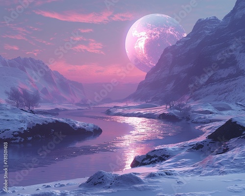 a serene landscape within the Habitable Zone of a newly discovered exoplanet Use soft pastel colors, ethereal lighting effects, and mystical elements photo
