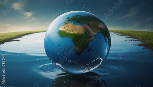 An Earth on water splash on the ground with water droplets  globe  ecology  nature  planet concepts  drop