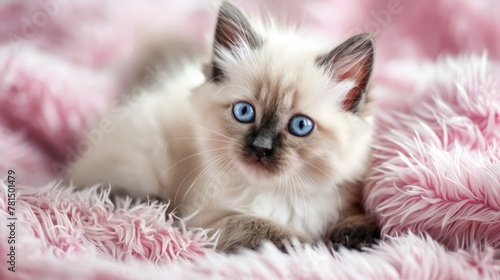 Kitten with striking blue eyes on pink blanket