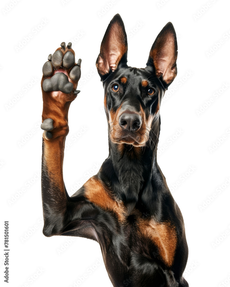 Doberman dog giving high five isolated on transparent background