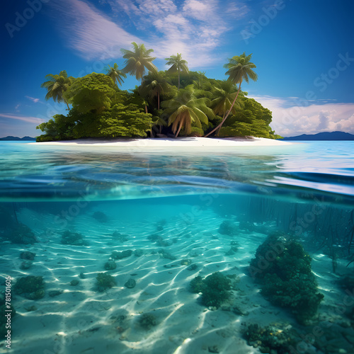 An isolated tropical island with crystal-clear blue water