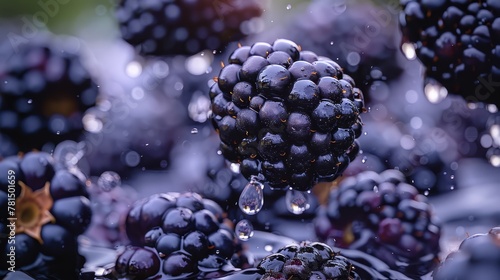  A tight shot of multiple blackberries, each with a droplet of water atop and bottom