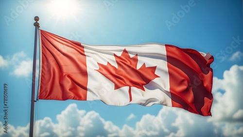 Canadian flag waving proudly and standing tall on pole, sunlight shine, against a beautiful blue sky with clouds backdrop, celebrating Canada Day with patriotic fervor