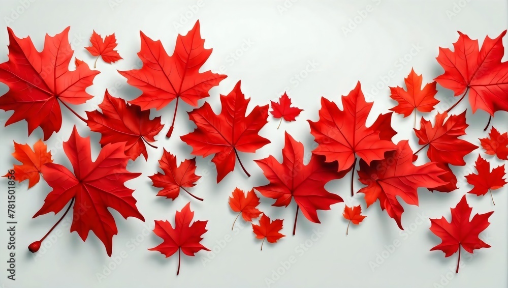 Beautiful bright red maple leaves, a symbol of autumn, contrast beautifully against a clean white surface, Canadian style Beautiful bright red maple leaves, a symbol of autumn, contrast beautifully against a clean white surface, Canadian style