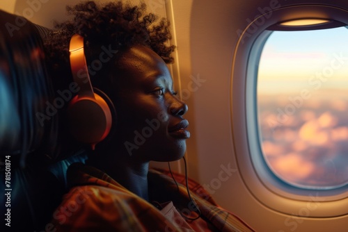 an African woman sits aboard an airplane, immersed in music through her headphones
 photo