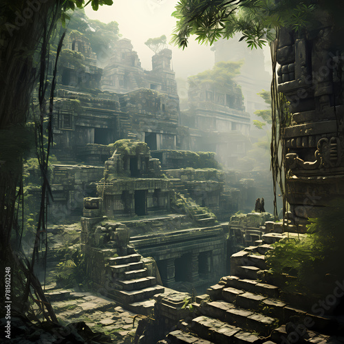 Ancient ruins in a dense jungle. 