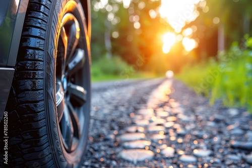 Close-up of a car tire moving on a rough gravel road
