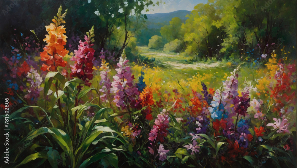 Oil painting capturing the essence of spring, with abstract flowers blooming in a riot of colors against a backdrop of lush greenery.