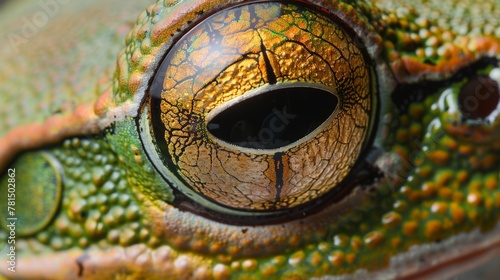 Close up of frog eye on green backdrop