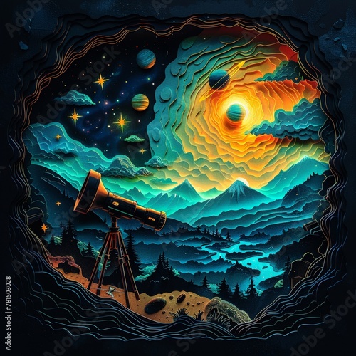 Telescope detecting distant exoplanets in a stunning die-cut design Incorporate elements like glowing stars, orbiting planets photo