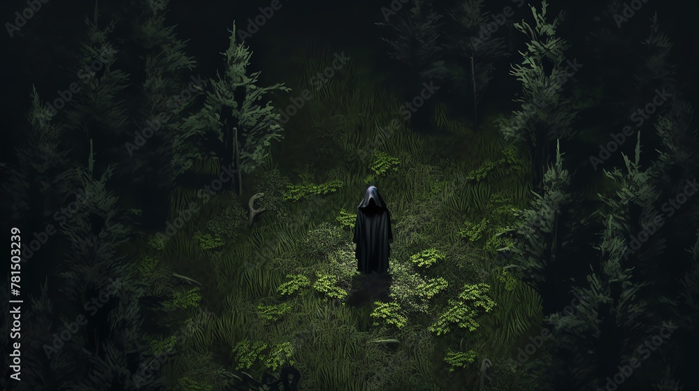 Fototapeta premium Craft a spine-chilling scene with unexpected camera angles showing a ghostly figure lurking in a dark forest from a birds-eye view Opt for pixel art for a unique, unsettling effect,