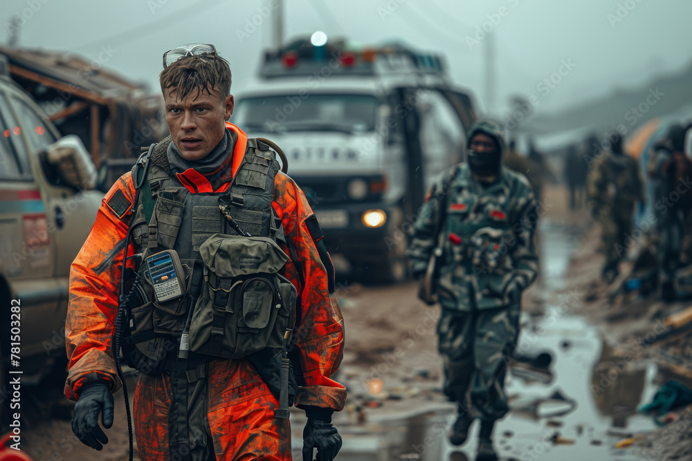 Fototapeta premium Aid workers providing medical care to refugees, addressing health needs in challenging environments. Concept of healthcare access and humanitarian assistance. Generative Ai.