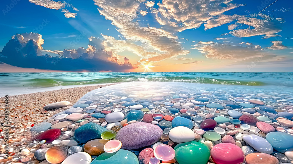 A dreamlike glass beach scene featuring vibrant, colorful stones, meticulously rendered in photo-realistic techniques.