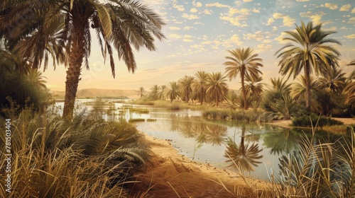 Oasis of Serenity: Palm Trees Surrounding a Tranquil Desert Pond with Intricate Water Patterns photo