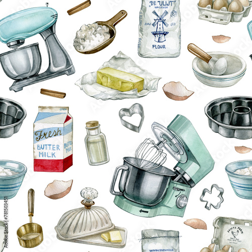 Baking tools and products seamless pattern isolated on white background. Hand drawn bakery background. Watercolor  illustration for design menus, recipes and packages product.