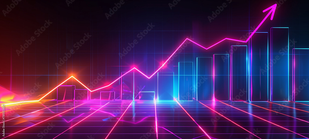 A neon graph with an arrow pointing upwards, indicating growing sales or business growth A neon graph with an arrow pointing upwards, indicating growing sales or business growth