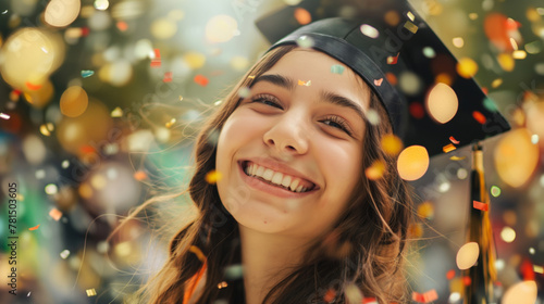 A cheerful young woman in graduation attire, with a happy expression and bokeh lights.