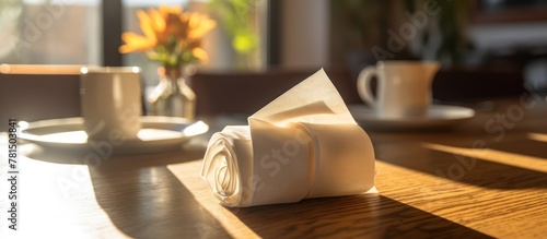 Clean napkins, box with tissues and rolls of paper towels on light table