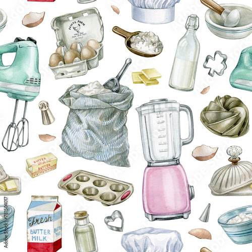 Baking tools and products seamless pattern isolated on white background. Hand drawn bakery utensils, mixer,eggs,butter,flour. Watercolor  illustration for design menus, recipes and packages products.