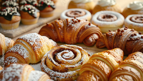 Delicious Pastries in Bakery: Mouthwatering pastries such as croissants, danishes, muffins, and cinnamon rolls beautifully presented in a bakery display case