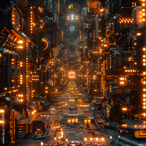 A futuristic cityscape with neon lights and glowing buildings. The atmosphere is futuristic and industrial. The city is filled with tall buildings and a long, narrow hallway