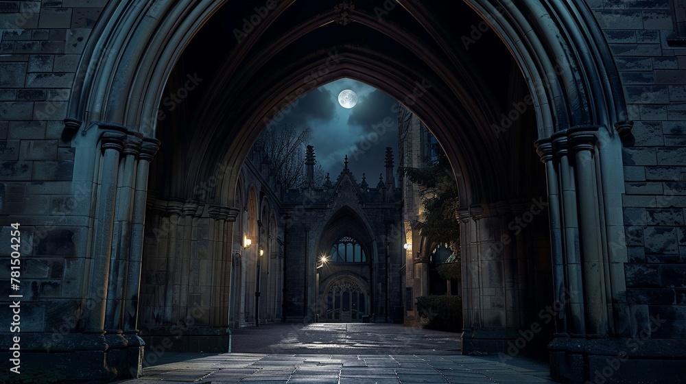 Gothic archway, night, moonlight casting deep shadows, wide angle, the threshold to mysteries untold , cinematic - obrazy, fototapety, plakaty 
