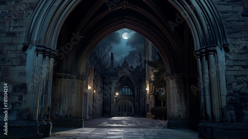 Gothic archway, night, moonlight casting deep shadows, wide angle, the threshold to mysteries untold , cinematic