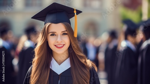 A happy graduate woman with flowing hair stands before a blurred crowd of graduates.
