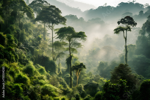 Rainforest landscape with trees and fog © akualip