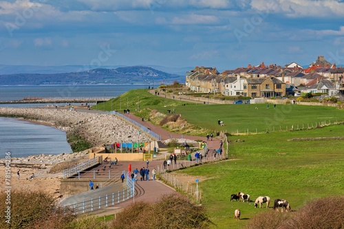 View of fields , sea and city of morecambe