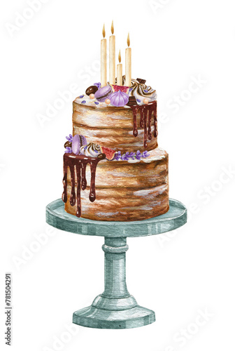 Watercolor wedding cake. Valentines day dessert sweets. Birthday cake decorated by lavender flowers, candles, berries,macaroons, figs, isolated on white background.