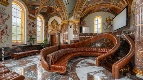 Curved Concert Hall, Golden Hall, large front screen, marble floor, warm coffee color, leather mixed metal © Dmitriy