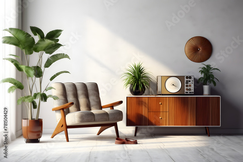 Modern retro concept of home interior with design grey armchair, coffee table and vynil record player photo