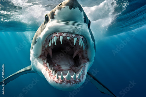 Shark attacks scuba diver underwater with wide open mouth