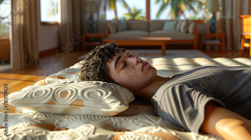 A man lies on a side sleeper pillow, resting on a gel-infused foam mattress. He looks peaceful, photo
