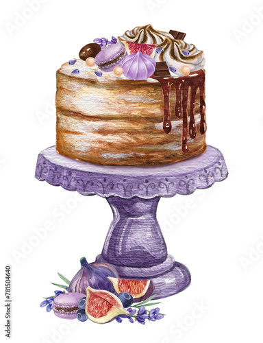 Watercolor wedding cake. Valentines day dessert sweets. Birthday cake decorated by lavender flowers, berries,macaroons, figs