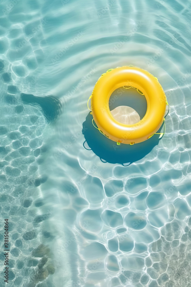 Obraz premium Yellow inflatable ring on clear beautiful water. Summer time concept. Template, copy space, rest, vacation.