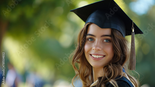 A young woman in graduation attire, with a joyful smile in an outdoor setting.