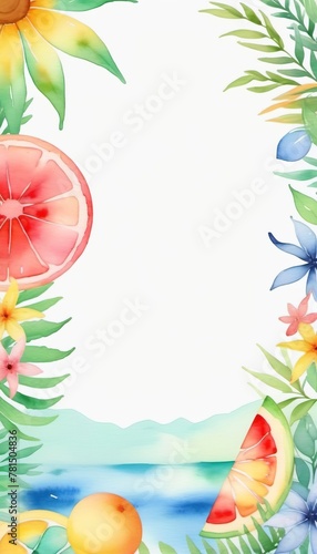 Frame summer background, watercolor drawing, template, copy space.