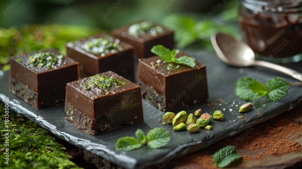   Four chocolate desserts on a slate tray, garnished with mint sprigs, and accompanied by a spoon