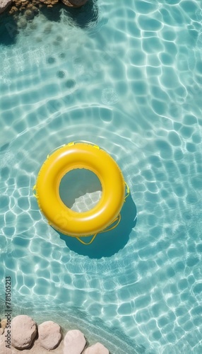 Yellow inflatable ring on clear beautiful water. Summer time concept. Template, copy space, rest, vacation. #781505213