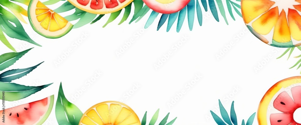 Obraz premium Frame summer background, watercolor drawing, template, copy space.